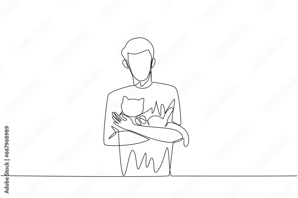 Single one line drawing of young happy man holding and cuddling his beloved cat. Owner pet loves his cat. Owner of feline animal petting it with love. Continuous line design graphic illustration