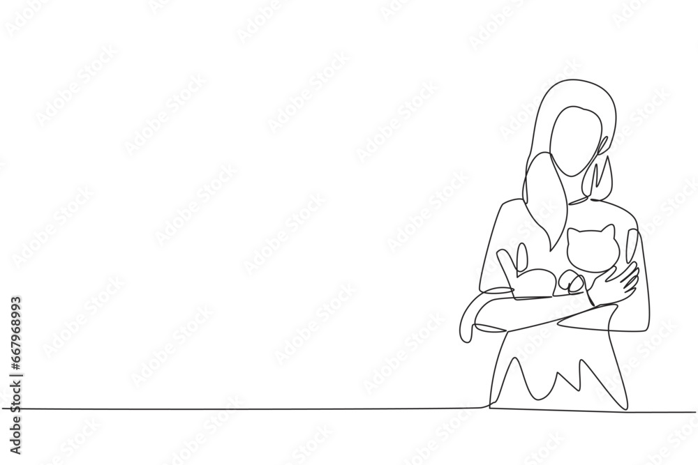 Single continuous line drawing of young beautiful woman holding a cuddle funny cat in front of her chest. Happy woman holding adorable pet kitten. Animal lovers. One line design vector illustration Single continuous line drawing of young beautiful woman holding a cuddle funny cat in front of her chest. Happy woman holding adorable pet kitten. Animal lovers. One line design vector illustration