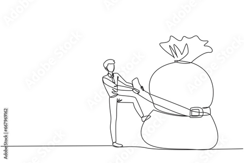 Single continuous line drawing of businessman wrapped around and pulled the money bag with a belt. Investment decrease, sale drop. Save on unnecessary expenses. One line design vector illustration