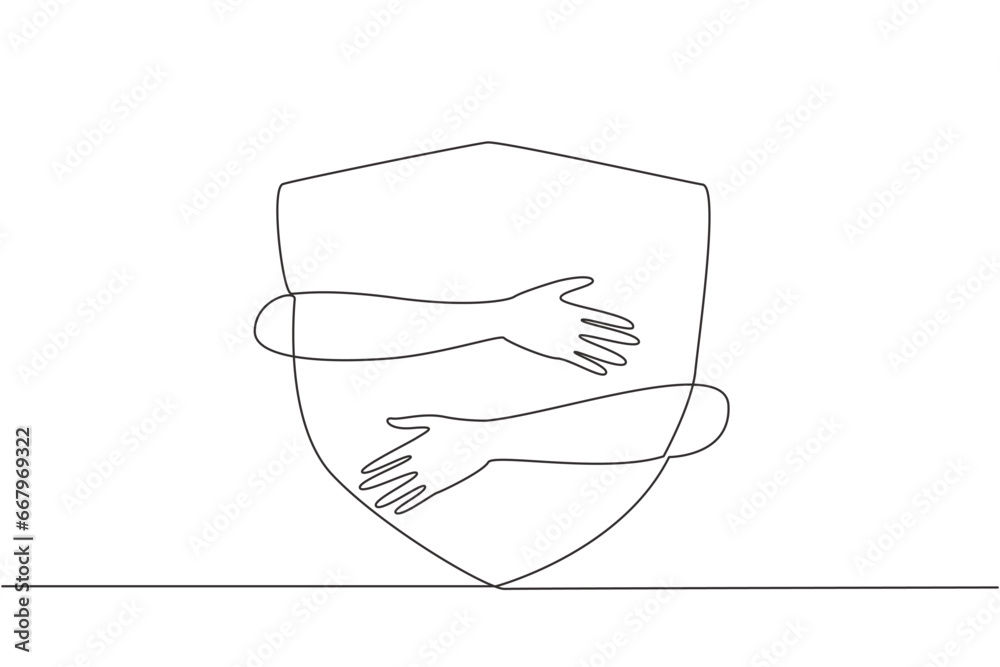 Continuous one line drawing human hands hugging shield. Network security is needed in a business. Protect personal data from an evil person in the cyber world. Single line design vector illustration Continuous one line drawing human hands hugging shield. Network security is needed in a business. Protect personal data from an evil person in the cyber world. Single line design vector illustration