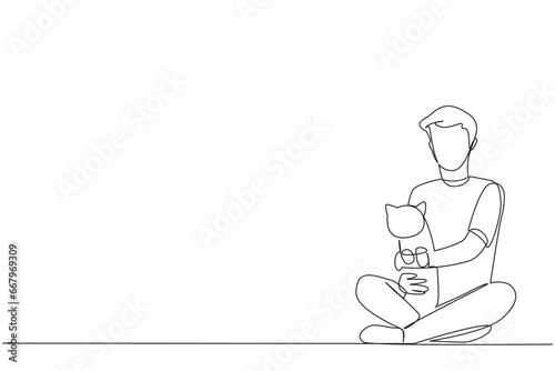 Single one line drawing of young energetic man sitting cross-legged hugging a little cat. Loving her pet cat is like loving other family members. Animal lovers. Continuous line graphic illustration