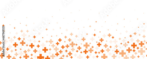 Medical cross and plus background. Abstract seamless orange background for hospital and pharmacy. Geometrical shapes ornament on border. Vector backdrop