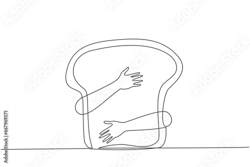 Single one line drawing human hands hugging bread. Foods made primarily from wheat flour and water fermented with yeast are the oldest processed foods in the world. Continuous line design illustration