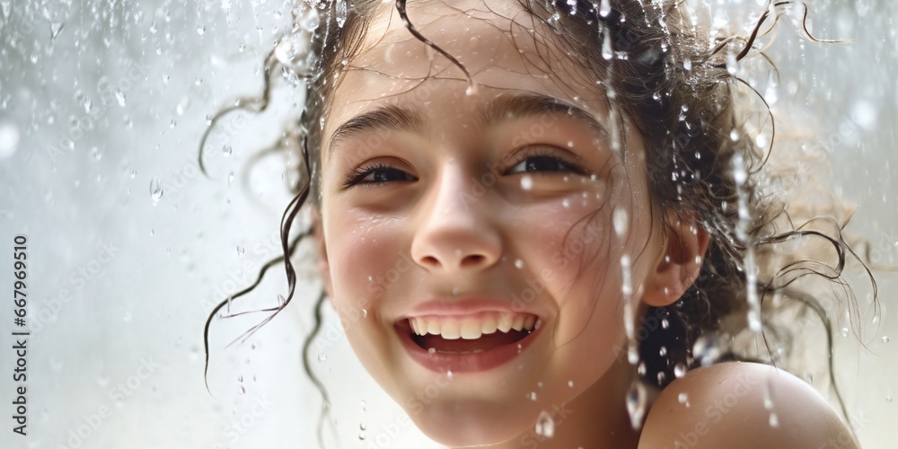 Beautiful happy young girl in fresh shower on white background Generative AI Beautiful happy young girl in fresh shower on white background Generative AI