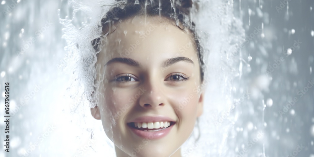 Fototapeta premium Beautiful happy young girl in fresh shower on white background Generative AI