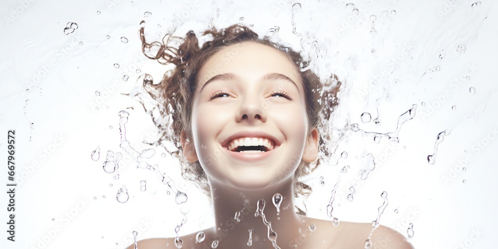 Beautiful happy young girl in fresh shower on white background Generative AI