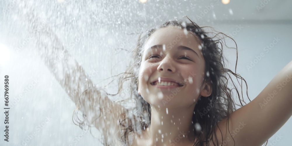Beautiful happy young girl in fresh shower on white background Generative AI Beautiful happy young girl in fresh shower on white background Generative AI