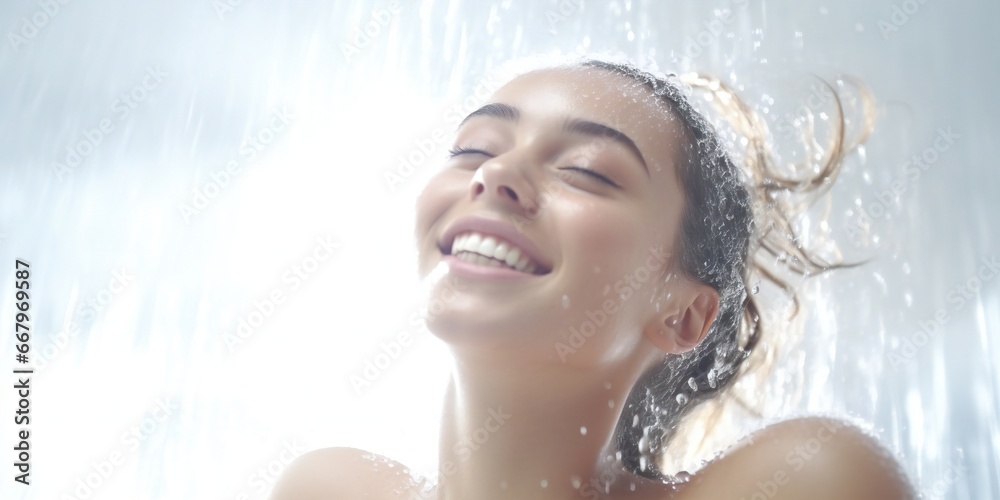 Fototapeta premium Beautiful happy young girl in fresh shower on white background Generative AI