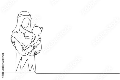 Wallpaper Mural Single continuous line drawing young handsome Arabian man  holding his cute cat. Male pet owner plays with little cat. Happy Arab man holding cute kitty. Caring animals. One line vector illustration Torontodigital.ca