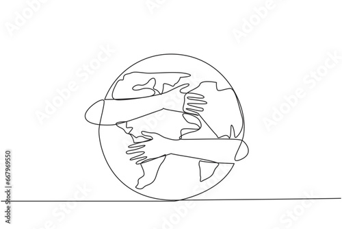 Single continuous line drawing of hands hugging globe. Keeping the earth green so that it remains suitable for human life. Concept of World Environment Day. One line design vector illustration