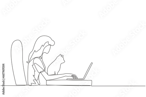 Single continuous line drawing of beautiful woman sitting and hugging a cat while typing on laptop. The cute cat is looking at the laptop screen. Animal lovers. One line design vector illustration