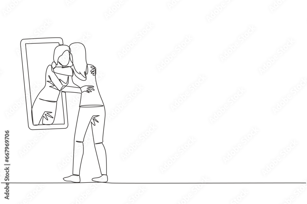 Single continuous line drawing of young beautiful woman stand in front of mirror. Her reflection get out of mirror and hug each other. Caring. Self love concept. One line design vector illustration