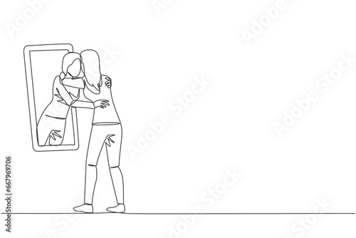 Single continuous line drawing of young beautiful woman stand in front of mirror. Her reflection get out of mirror and hug each other. Caring. Self love concept. One line design vector illustration
