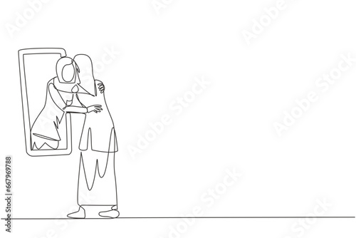 Single continuous line drawing of young Arabian woman stand in front of mirror. Her reflection get out of mirror and hug each other. Accepting one body and soul. One line design vector illustration