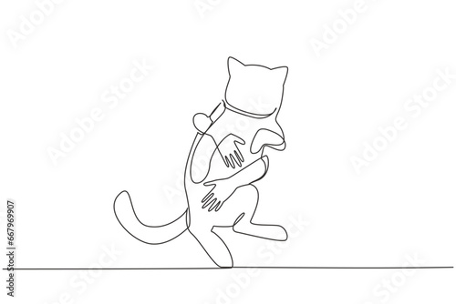 Single one line drawing of human hands hugging a cute cat. Play with little funny cat. Help the homeless animals find a home. Concept of caring animals. Continuous line design graphic illustration
