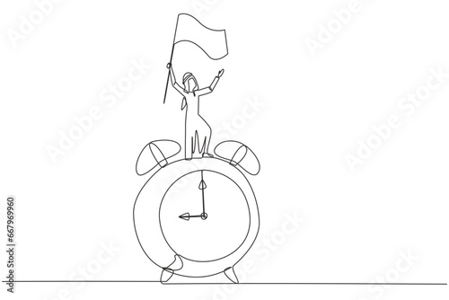 Single one line drawing of young Arabian businessman standing on giant alarm clock raising flag in the hand. Enjoy business success when the deadline ends. Continuous line design graphic illustration