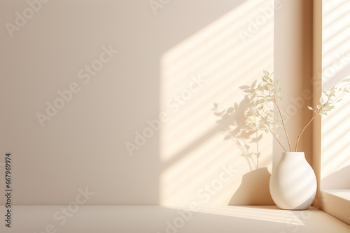 Design, interior concept. Empty beige room wall with one plant placed on floor illuminated with natural light. Minimalist style background with copy space