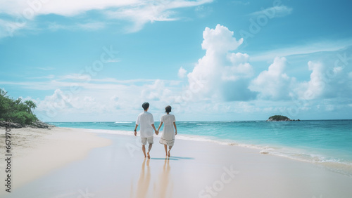 手をつないで浜辺を歩く若いカップル