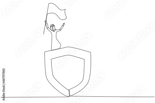 Single continuous line drawing of Arabian businessman standing on giant shield raising flag. Network security businessman celebrating new cooperation with government. One line vector illustration