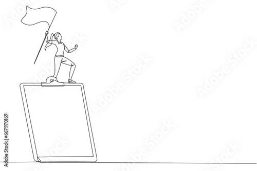 Single continuous line drawing of businesswoman standing on giant clipboard raising flag. Create a daily business plan for smooth running of business. Planned business management concept. One line