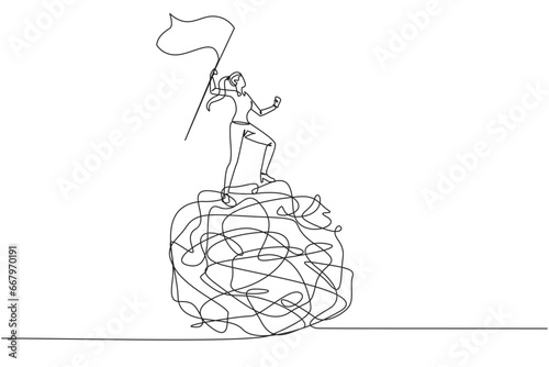 Single continuous line drawing of young businesswoman standing on giant tangled circle. Raising flag on her hand. Businesswoman who manage to get out of anxiety of mind. One line design illustration