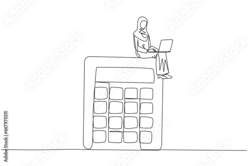 Continuous one line drawing young Arabian businesswoman sitting on giant calculator working on laptop computer. Calculating financial profit or passive income. Online payment. Single line draw design
