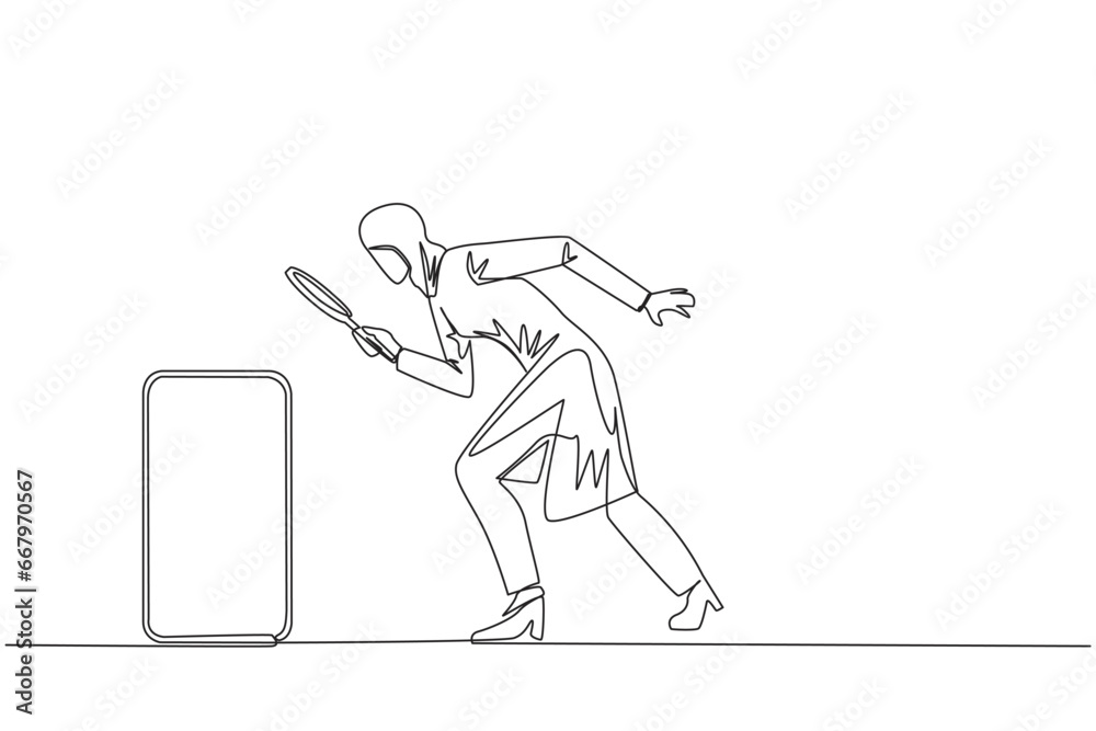 Obraz premium Single one line drawing of Arabian businesswoman holds magnifying glass look at smartphone. Take advantage of latest technology for convenience of doing business. Continuous line graphic illustration