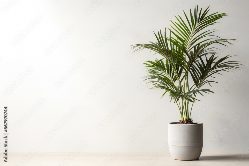 clean interior with stand and palm tree plant on empty white wall background for text
