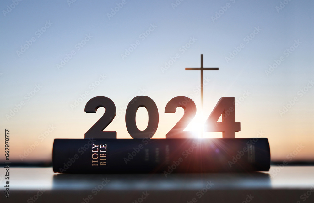 Brightly shining new year 2024, rising sun, sunrise and sunset