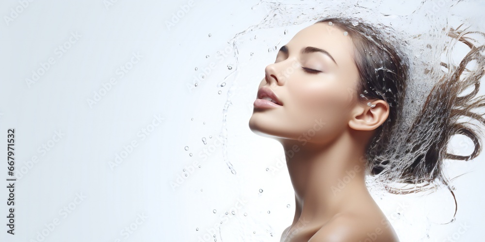 Beauty woman in fresh shower on white background Generative AI - obrazy, fototapety, plakaty 