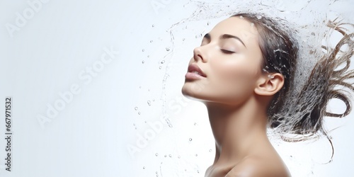 Fototapeta samoprzylepna Beauty woman in fresh shower on white background Generative AI