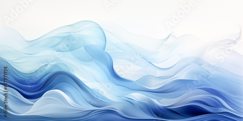 Futuristic blue water waves 3D special effect. Three-dimensional futuristic wavy teal flowing silk. Fairytale nature sea waves, sky background. Ocean seascape abstract, modern backdrop