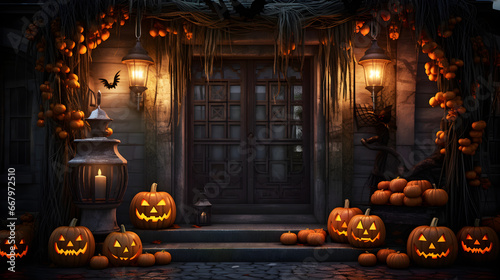 Enchanting Halloween Ambiance: Spooky Porch Adorned with Cobwebs and Illuminated Jack-o'-Lanterns, Setting the Stage for a Festive Atmosphere