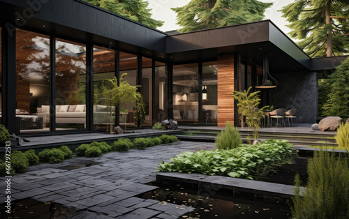 modern house front with the woods surrounding its 