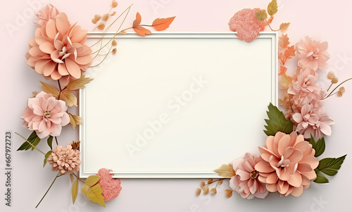 photo frame with cut flowers  leaves  branches  and greens 