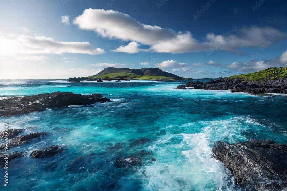 Beautiful turquoise ocean and black lava rocks. travel ad promotion