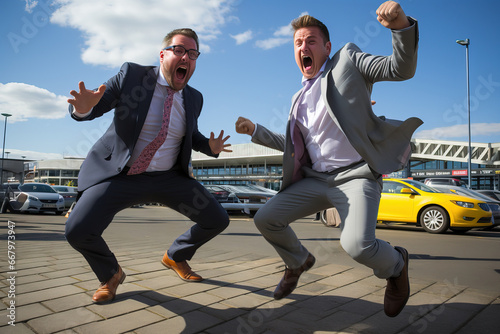 Men in suits jumping with j...