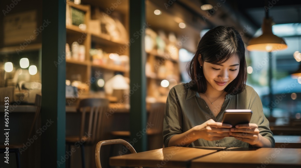 Fototapeta premium Asian female freelancer using her smartphone in a cafe