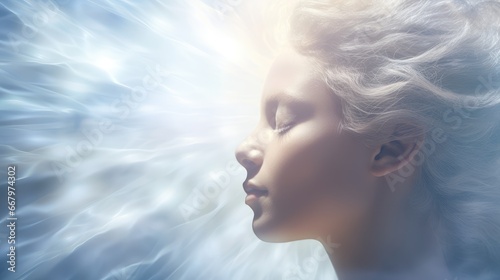 a sense of spiritual awakening and serenity, mystical face of woman