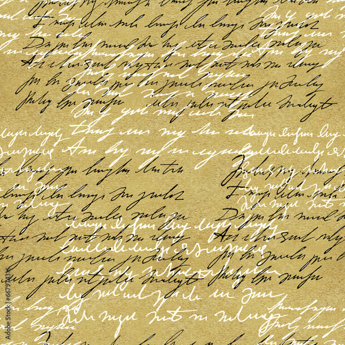 Seamless pattern with hand written unreadable text, letter or message. Vintage hand drawn background. No foreign language, only fantasy symbols
