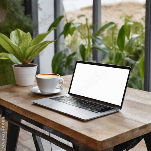 Wooden table with laptop white screen and a cup of coffee, complemented by a vibrant potted plant blurred background. High quality photo