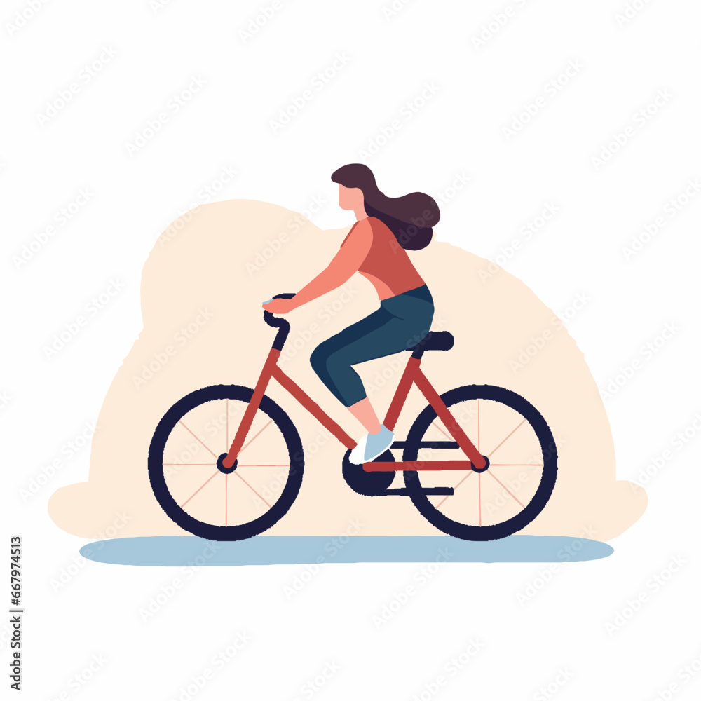 Woman riding a red bicycle. Wears orange top and blue pants. Long brown hair flows. Beige and blue background. Woman riding a red bicycle. Wears orange top and blue pants. Long brown hair flows. Beige and blue background.