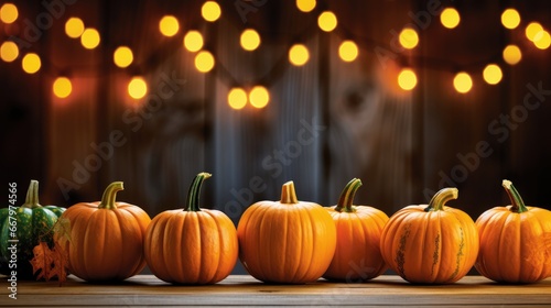 pumpkins arranged on a wooden table against a Thanksgiving theme background