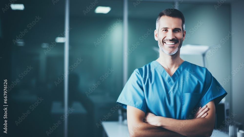 Fototapeta premium Portrait of a dental doctor with a background in a dental room, a dentist in a hospital