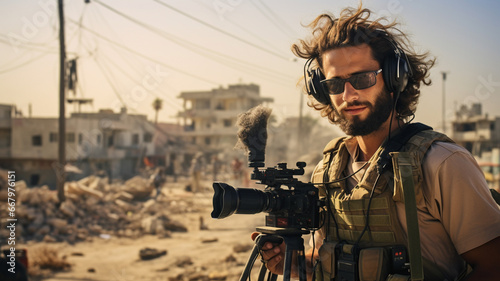 Male news correspondent reporter or journalist in middle east war zone, destroyed buildings and city photo