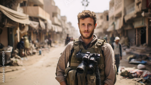 Male news correspondent reporter or journalist in middle east war zone, destroyed buildings and city