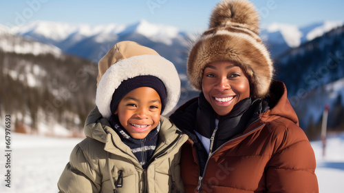 Happy, smiling, afro american family mother with daughter snowy mountains at ski resort, during vacation and winter holidays.