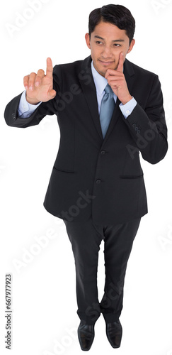 Digital png photo of happy caucasian businessman pointing finger on transparent background