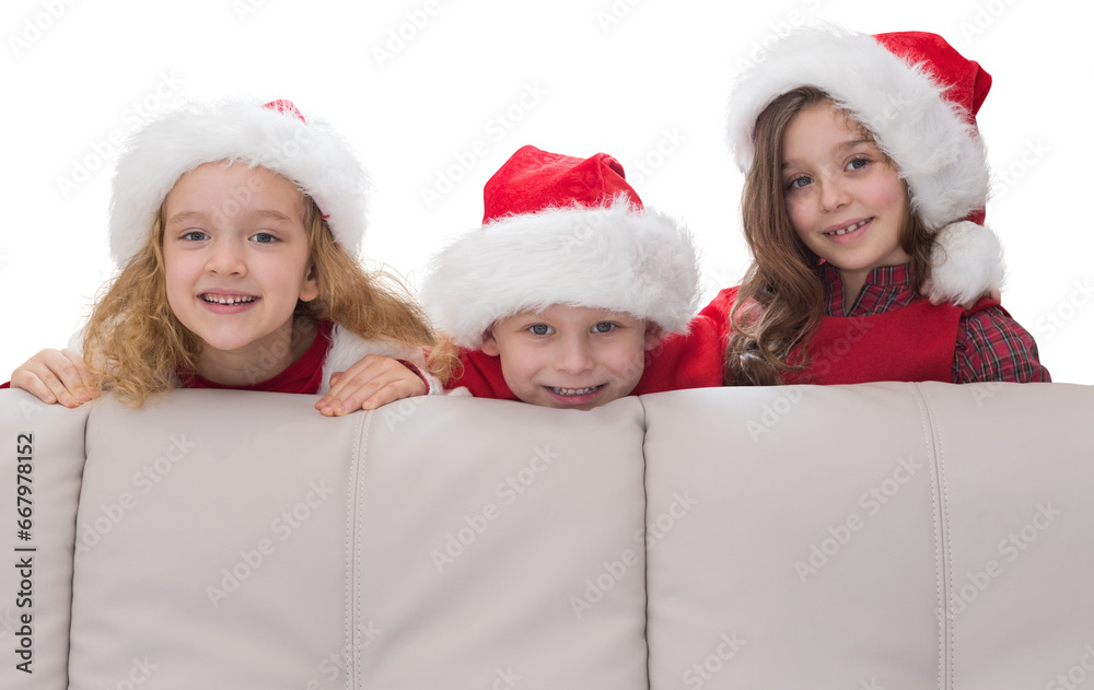 Digital png photo of three caucasian children behind couch, copy space on transparent background Digital png photo of three caucasian children behind couch, copy space on transparent background