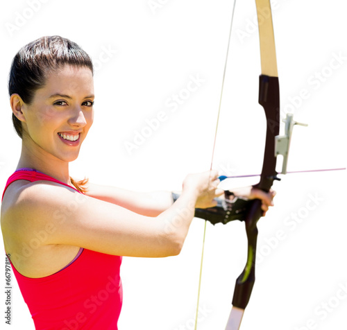 Digital png photo of happy biracial woman using bow and arrowon transparent background photo